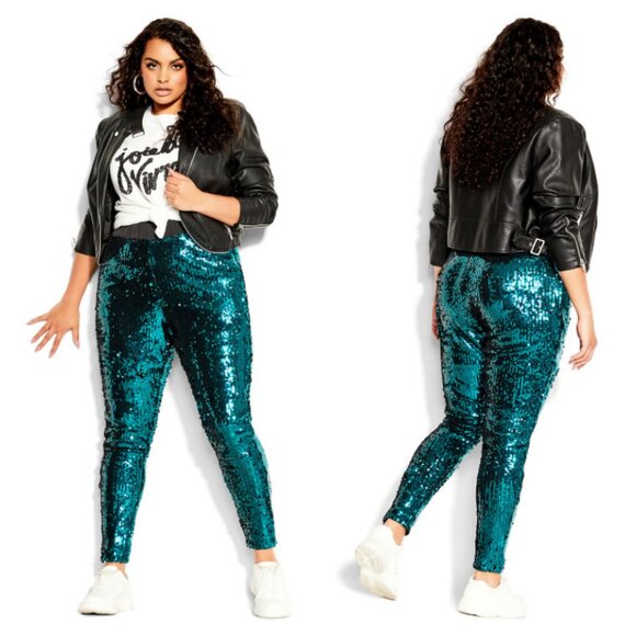 NWT City Chic Emerald Sequin High Rise Party Pants 18 - Picture 2 of 10